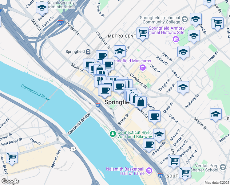 map of restaurants, bars, coffee shops, grocery stores, and more near in Springfield