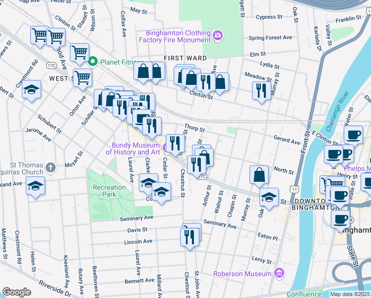 map of restaurants, bars, coffee shops, grocery stores, and more near 2 Crandall Street in Binghamton