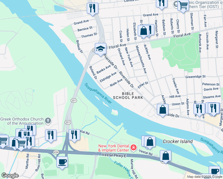 map of restaurants, bars, coffee shops, grocery stores, and more near in Bible School Park