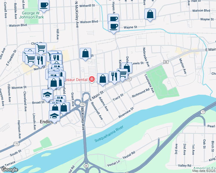 map of restaurants, bars, coffee shops, grocery stores, and more near 1805 East Main Street in Endicott