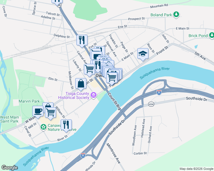 map of restaurants, bars, coffee shops, grocery stores, and more near 174 Front Street in Owego
