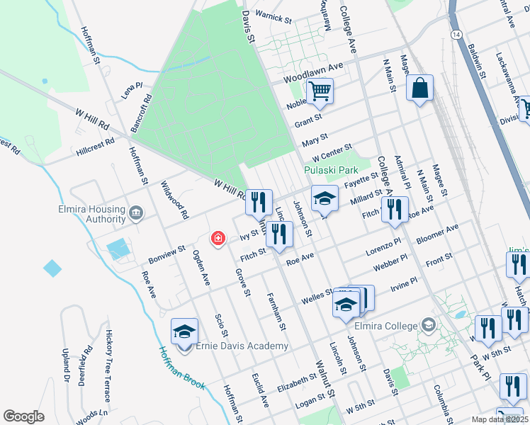 map of restaurants, bars, coffee shops, grocery stores, and more near 1052-1054 Walnut Street in Elmira