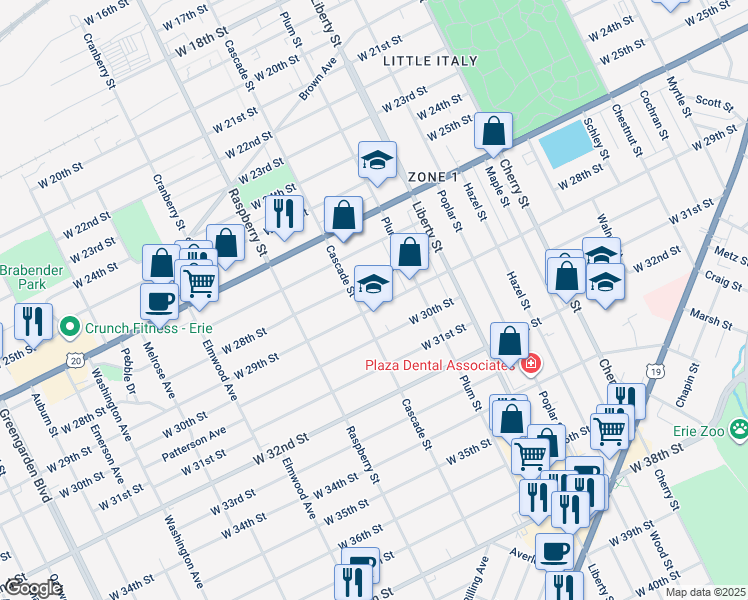 map of restaurants, bars, coffee shops, grocery stores, and more near 2823 Cascade Street in Erie