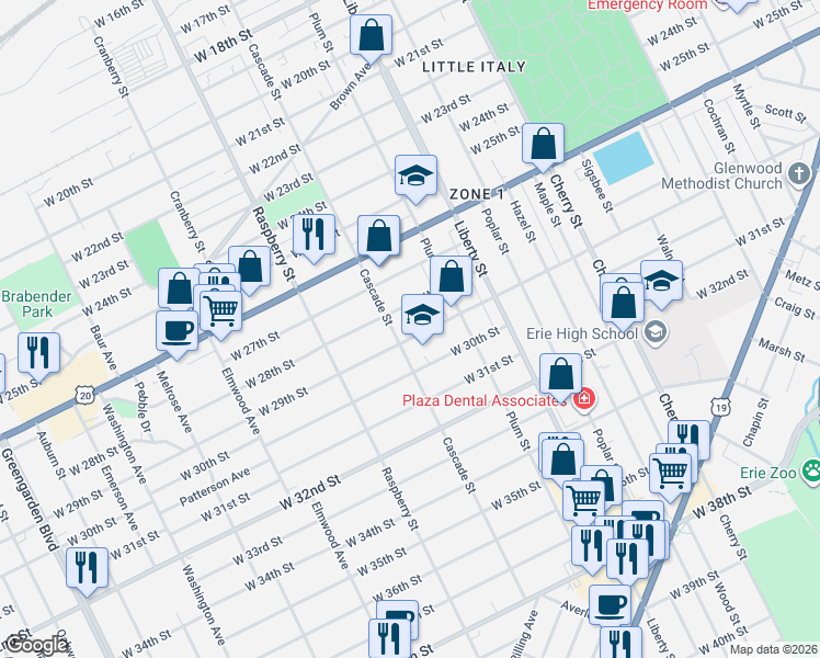 map of restaurants, bars, coffee shops, grocery stores, and more near 2823 Cascade Street in Erie