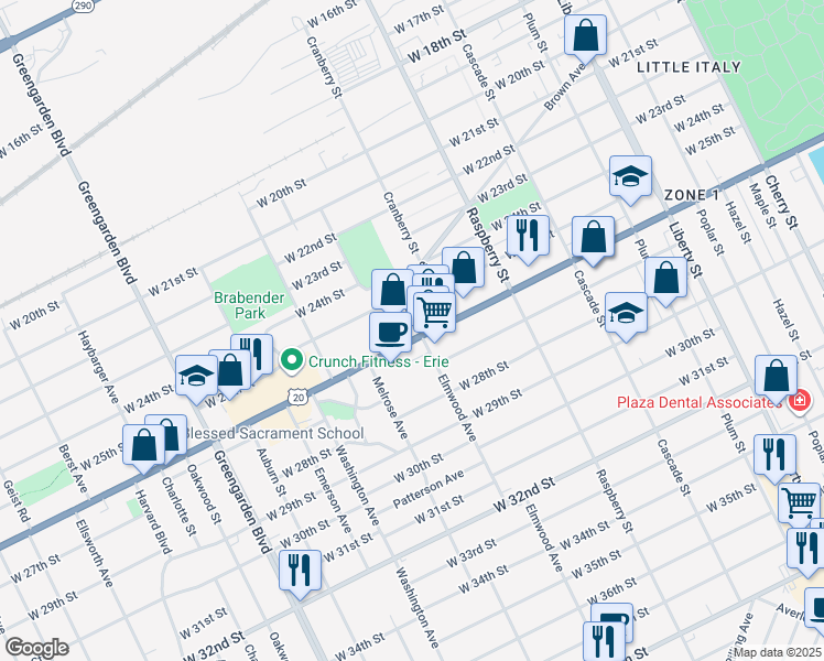 map of restaurants, bars, coffee shops, grocery stores, and more near 1215 West 26th Street in Erie