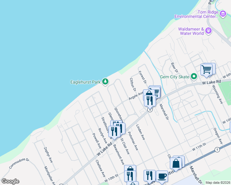 map of restaurants, bars, coffee shops, grocery stores, and more near 308 Blackstone Drive in Erie