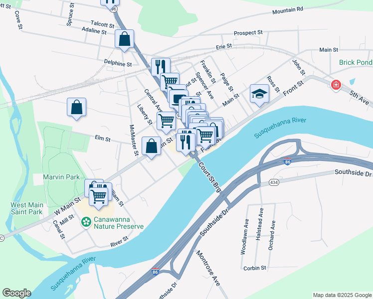 map of restaurants, bars, coffee shops, grocery stores, and more near Park Street in Owego