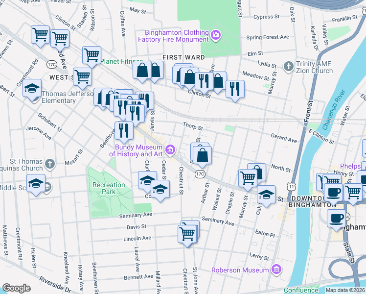 map of restaurants, bars, coffee shops, grocery stores, and more near 6 Crandall Street in Binghamton