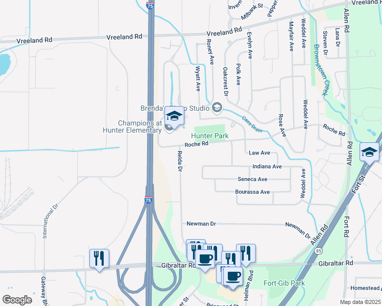 map of restaurants, bars, coffee shops, grocery stores, and more near 21015 Roche Road in Brownstown Charter Township