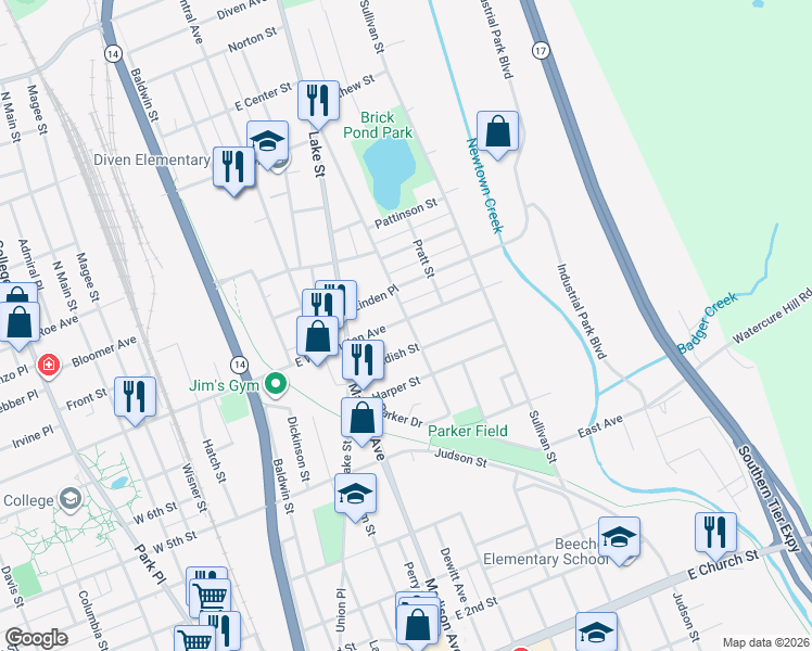 map of restaurants, bars, coffee shops, grocery stores, and more near 424 East Washington Avenue in Elmira