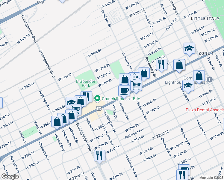 map of restaurants, bars, coffee shops, grocery stores, and more near 1345 West 25th Street in Erie