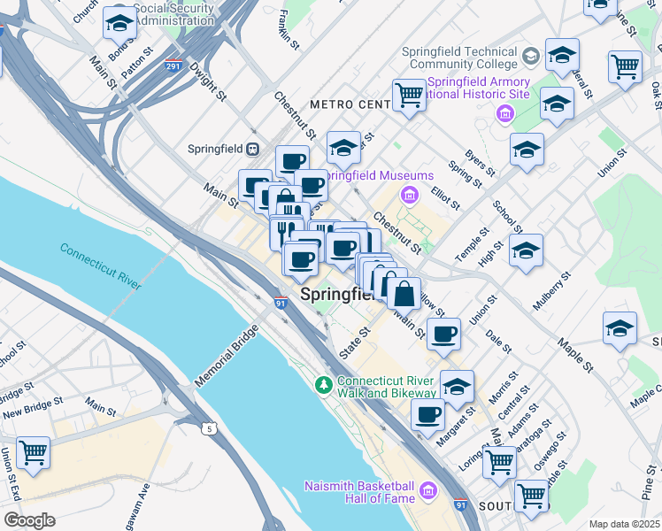 map of restaurants, bars, coffee shops, grocery stores, and more near 1386 Main Street in Springfield