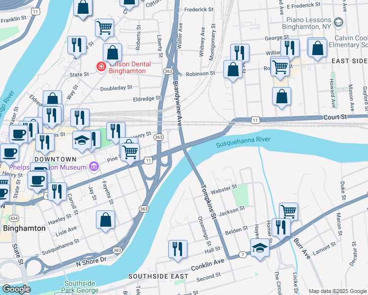 map of restaurants, bars, coffee shops, grocery stores, and more near New York 7 & Court Street in Binghamton