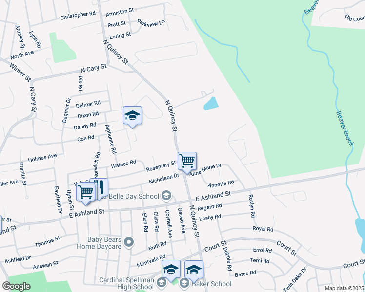 map of restaurants, bars, coffee shops, grocery stores, and more near 196 North Quincy Street in Brockton