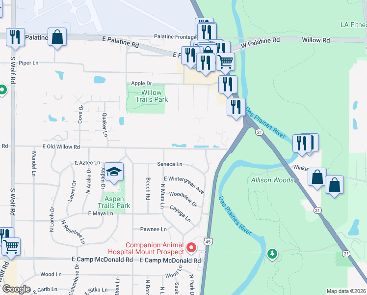 map of restaurants, bars, coffee shops, grocery stores, and more near 2013 East Old Willow Road in Prospect Heights