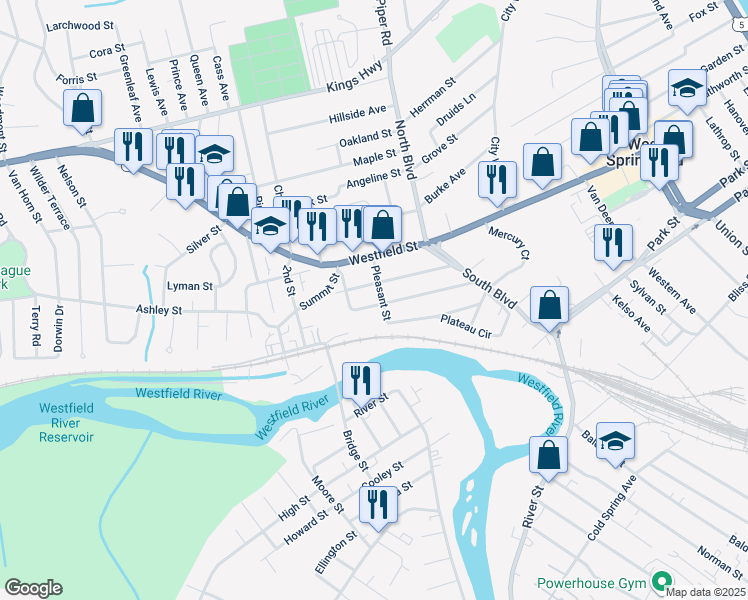 map of restaurants, bars, coffee shops, grocery stores, and more near 117 Hampden Street in West Springfield