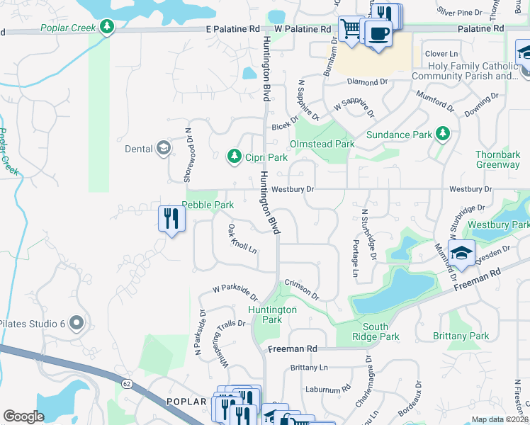 map of restaurants, bars, coffee shops, grocery stores, and more near 1740 Pebblewood Lane in Hoffman Estates