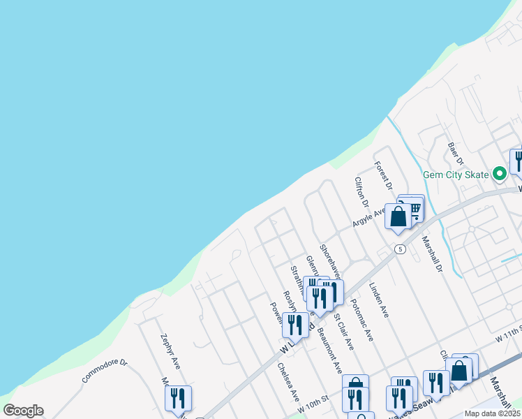 map of restaurants, bars, coffee shops, grocery stores, and more near 3759 Lake Front Dr in Erie