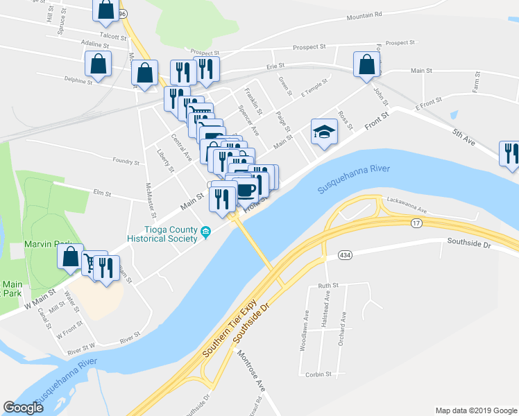 map of restaurants, bars, coffee shops, grocery stores, and more near 200 Front Street in Owego
