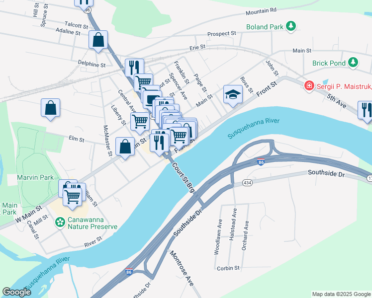 map of restaurants, bars, coffee shops, grocery stores, and more near 200 Front Street in Owego