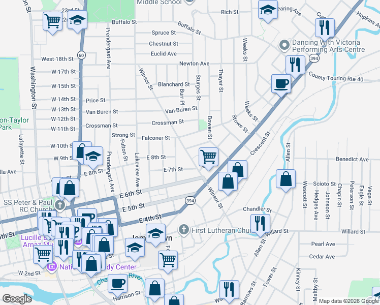 map of restaurants, bars, coffee shops, grocery stores, and more near 428 Winsor Street in Jamestown