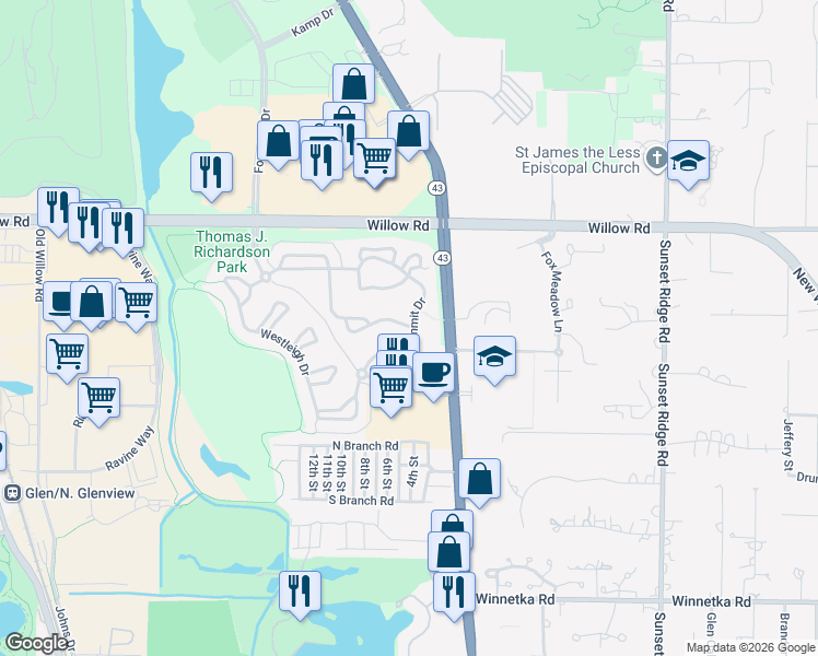 map of restaurants, bars, coffee shops, grocery stores, and more near 1778 Brush Hill Lane in Glenview