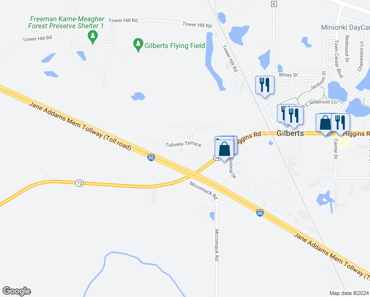 map of restaurants, bars, coffee shops, grocery stores, and more near 215 Tollview Terrace in Gilberts