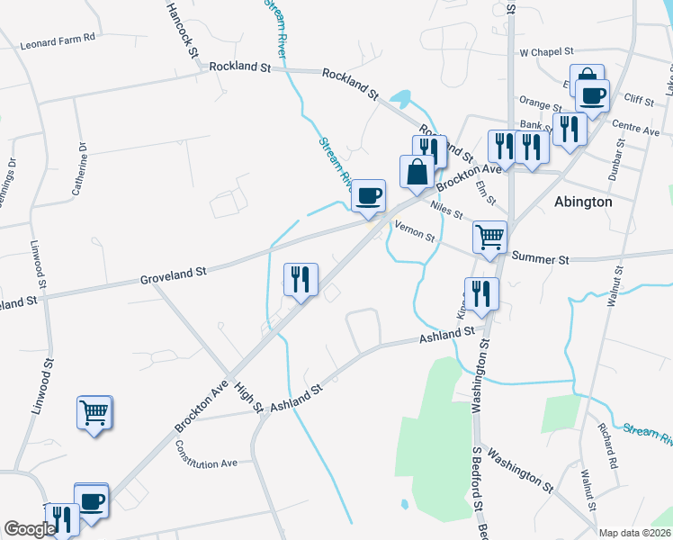 map of restaurants, bars, coffee shops, grocery stores, and more near 301 Brockton Avenue in Abington