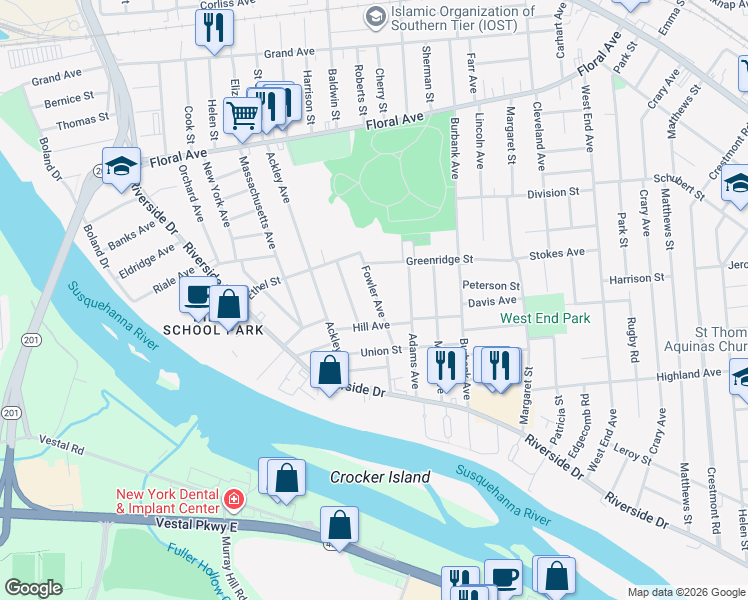 map of restaurants, bars, coffee shops, grocery stores, and more near 56 Fowler Avenue in Johnson City
