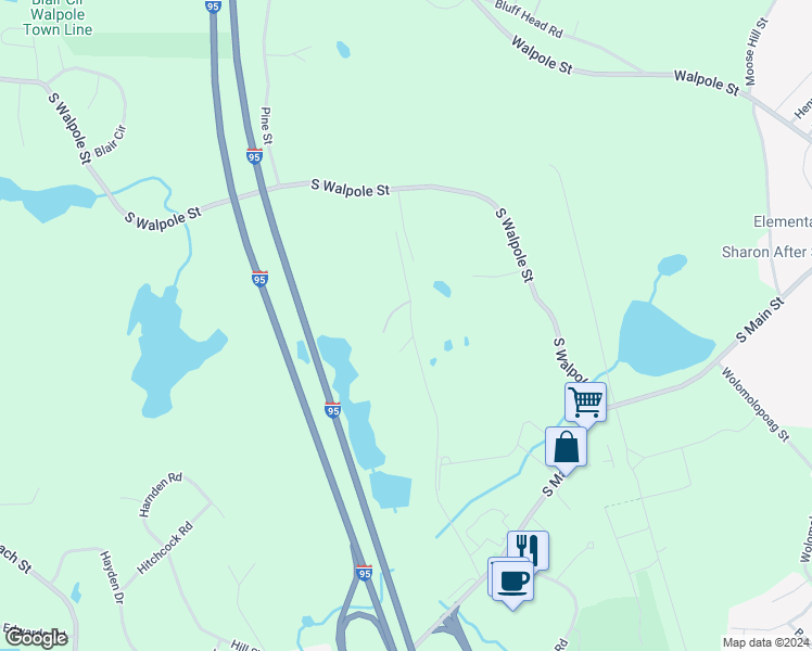 map of restaurants, bars, coffee shops, grocery stores, and more near 2 Lynncrest Road in Sharon
