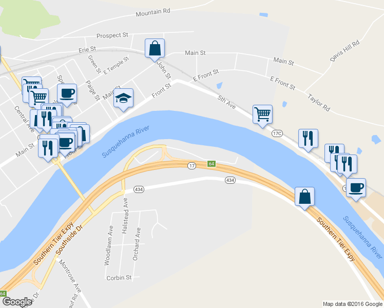 map of restaurants, bars, coffee shops, grocery stores, and more near 310 Lackawanna Avenue in Owego