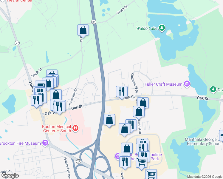 map of restaurants, bars, coffee shops, grocery stores, and more near in Brockton