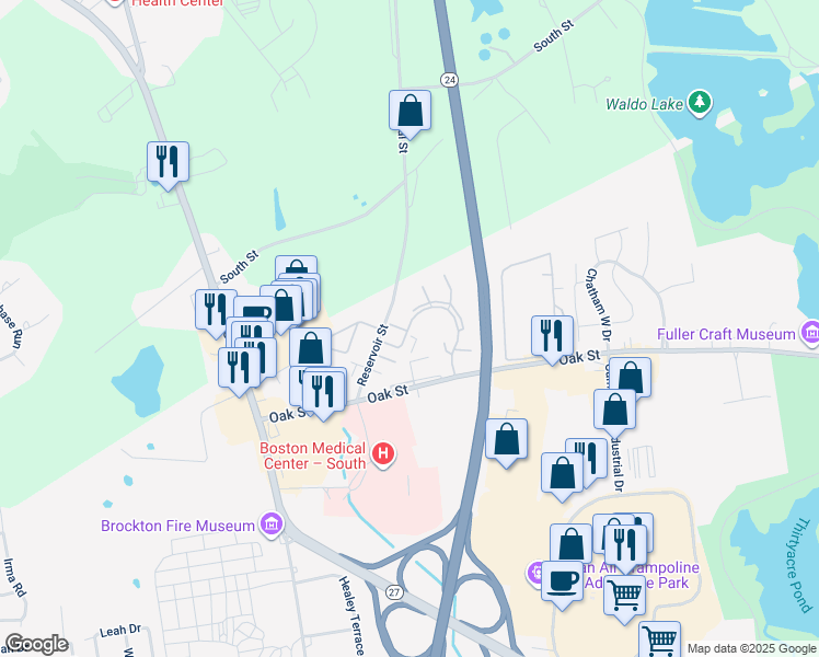 map of restaurants, bars, coffee shops, grocery stores, and more near 71 Pine Grove Drive in Brockton