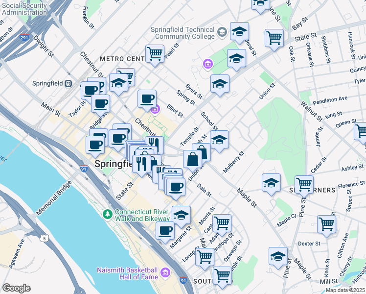 map of restaurants, bars, coffee shops, grocery stores, and more near 2 Temple Street in Springfield