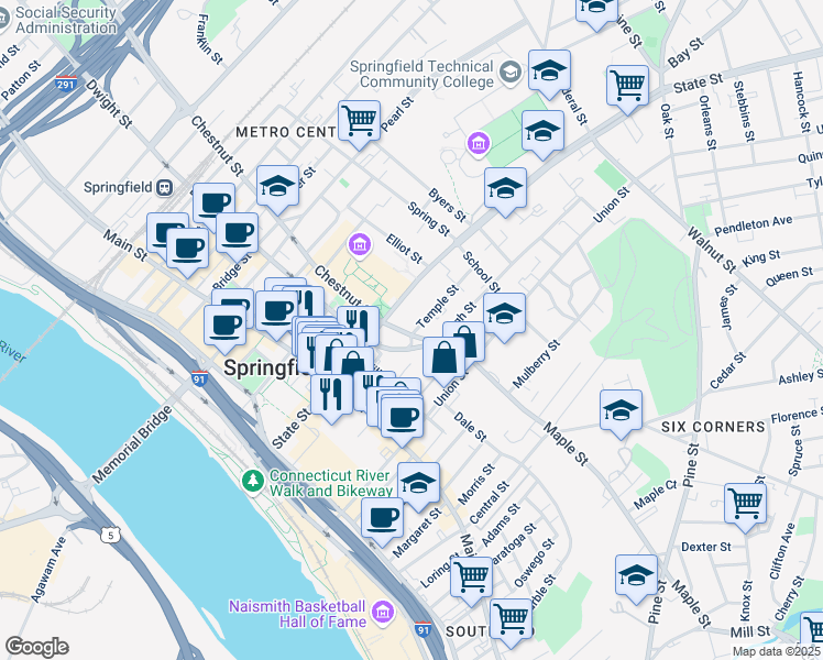 map of restaurants, bars, coffee shops, grocery stores, and more near 2 Temple Street in Springfield