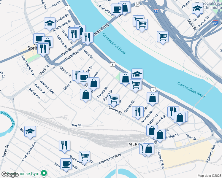map of restaurants, bars, coffee shops, grocery stores, and more near 44 Day Street in West Springfield