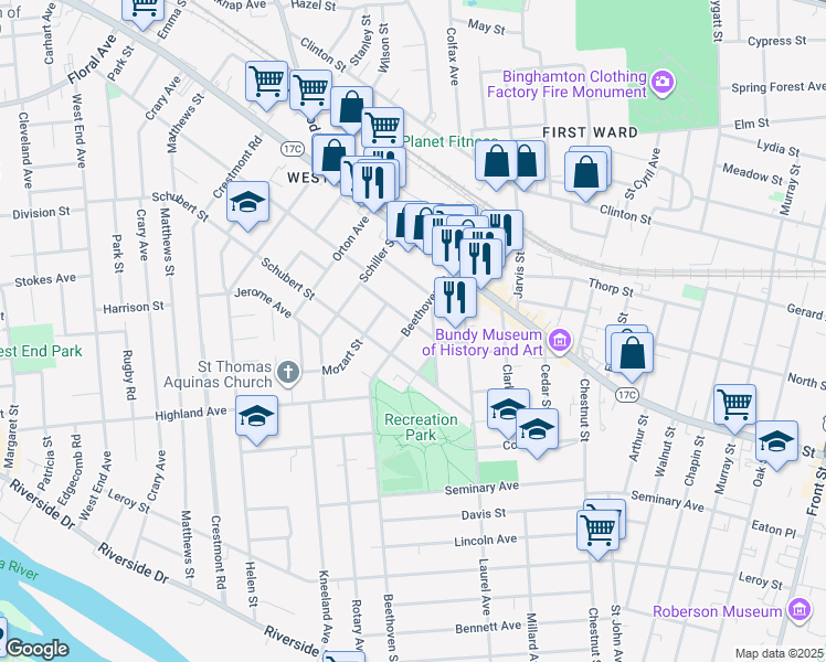 map of restaurants, bars, coffee shops, grocery stores, and more near 13 Haendel Street in Binghamton