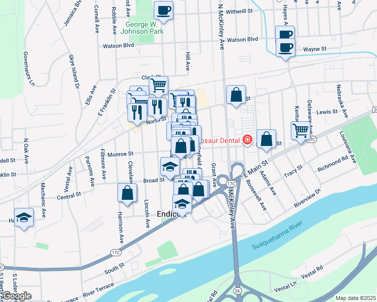 map of restaurants, bars, coffee shops, grocery stores, and more near 110 Washington Avenue in Endicott