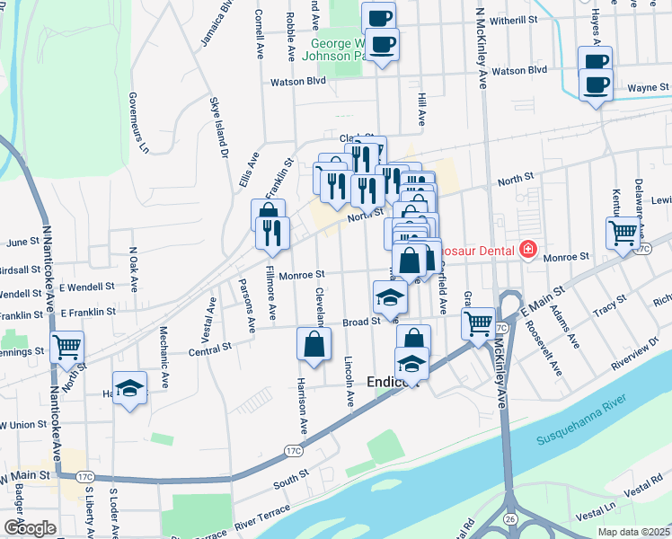 map of restaurants, bars, coffee shops, grocery stores, and more near 103 Lincoln Avenue in Endicott