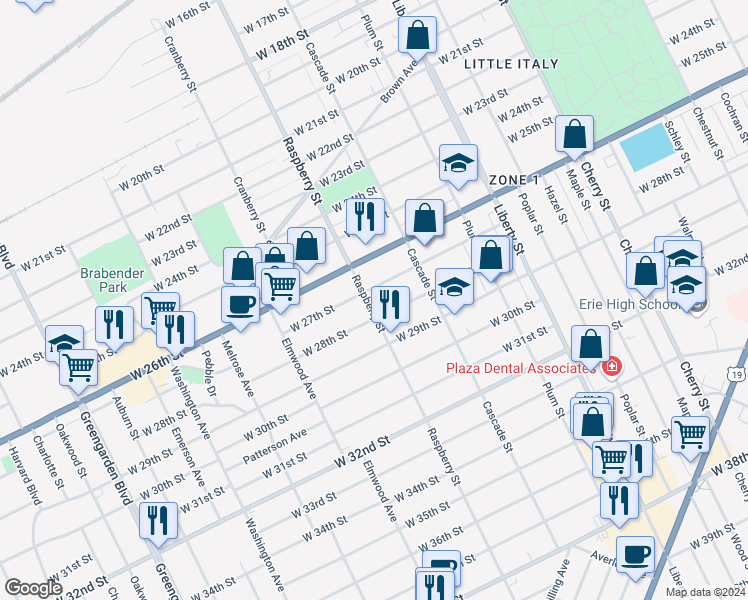 map of restaurants, bars, coffee shops, grocery stores, and more near 2723 Raspberry Street in Erie