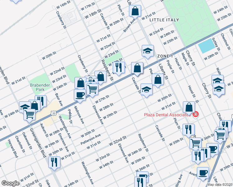 map of restaurants, bars, coffee shops, grocery stores, and more near 1125 West 27th Street in Erie