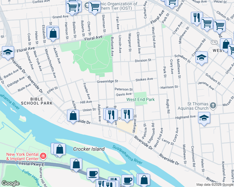 map of restaurants, bars, coffee shops, grocery stores, and more near 36 Davis Avenue in Johnson City