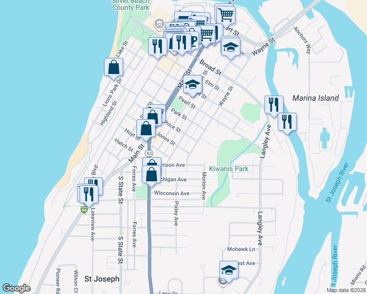 map of restaurants, bars, coffee shops, grocery stores, and more near 914 Jones Street in St. Joseph