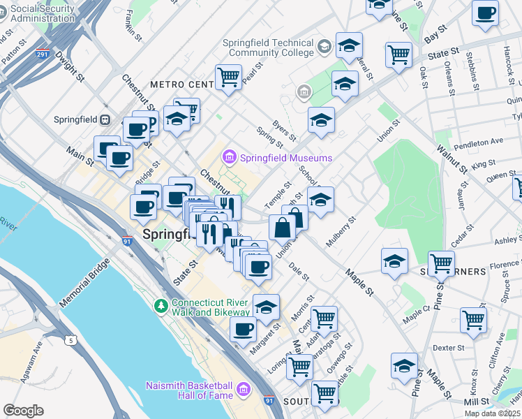 map of restaurants, bars, coffee shops, grocery stores, and more near 25 Maple Street in Springfield