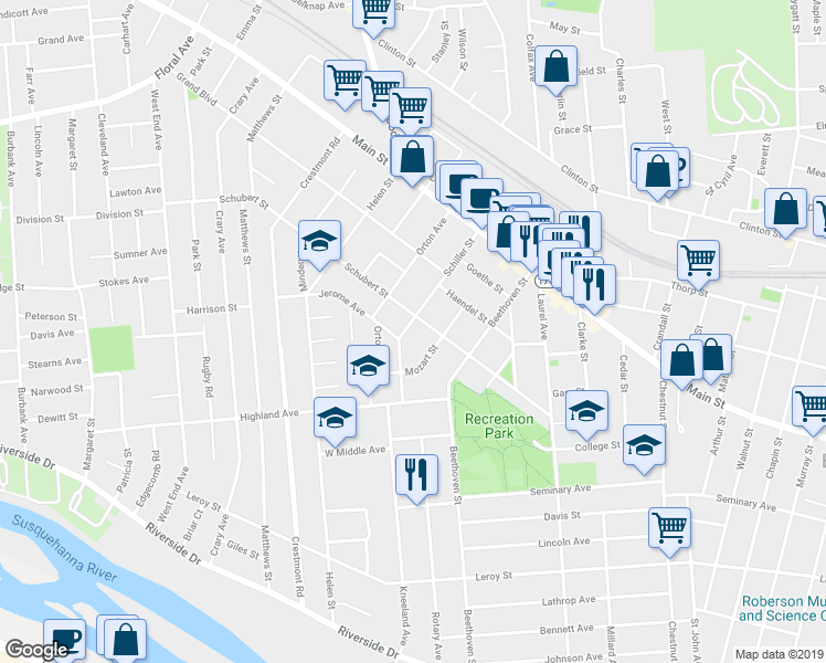 map of restaurants, bars, coffee shops, grocery stores, and more near 18 Schiller Street in Binghamton
