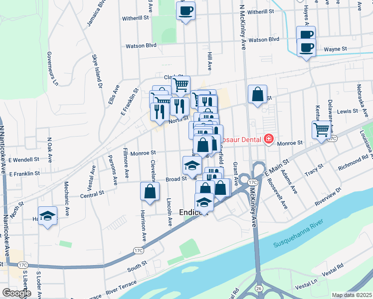 map of restaurants, bars, coffee shops, grocery stores, and more near 1104 Monroe Street in Endicott