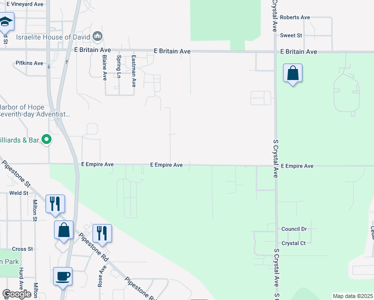 map of restaurants, bars, coffee shops, grocery stores, and more near 1385 East Empire Avenue in Benton Harbor
