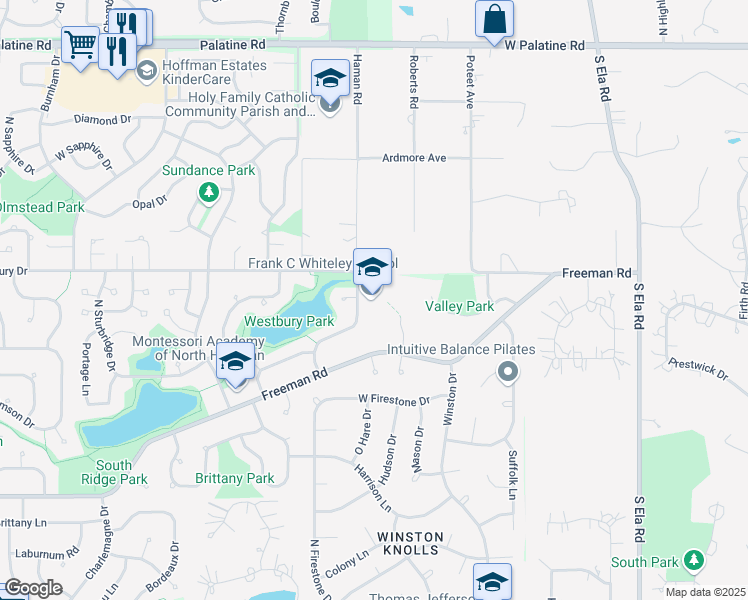 map of restaurants, bars, coffee shops, grocery stores, and more near 4335 Haman Avenue in Hoffman Estates