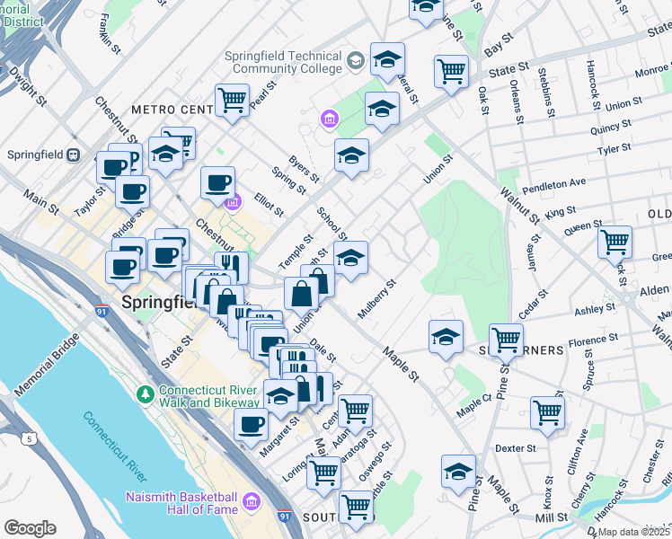 map of restaurants, bars, coffee shops, grocery stores, and more near 246 Union Street in Springfield