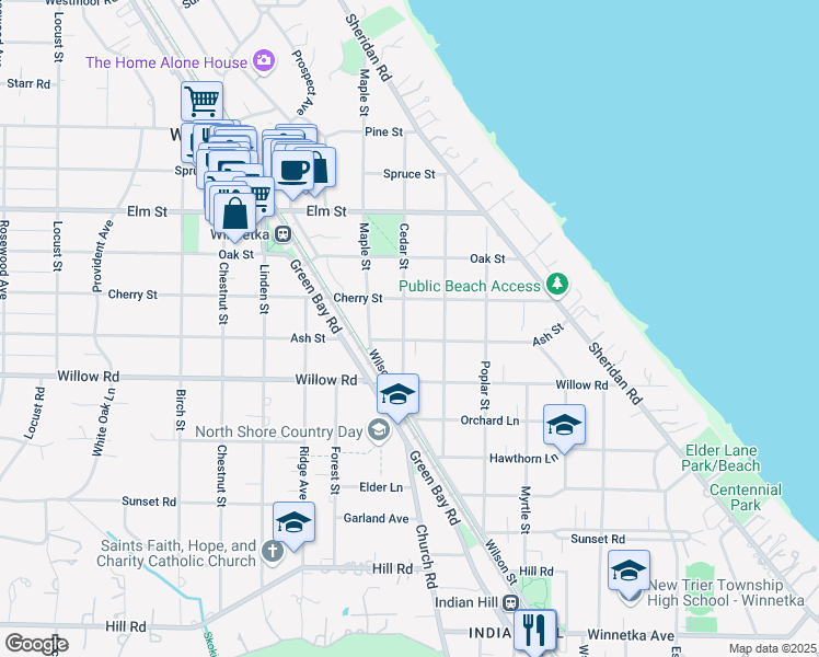 map of restaurants, bars, coffee shops, grocery stores, and more near 610 Ash Street in Winnetka